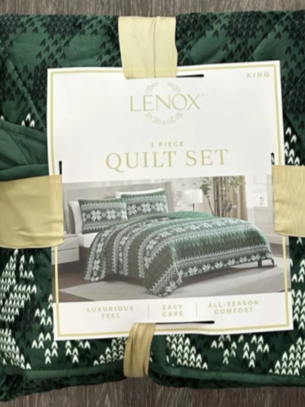 Lenox 3 Piece Quilt Set King Green Fair Isle Quilted Bedding Shams Holiday New